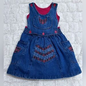 Girls’ Denim Jumper Dress W/ Red Plaid Patchwork‎ & Button Details Size 3